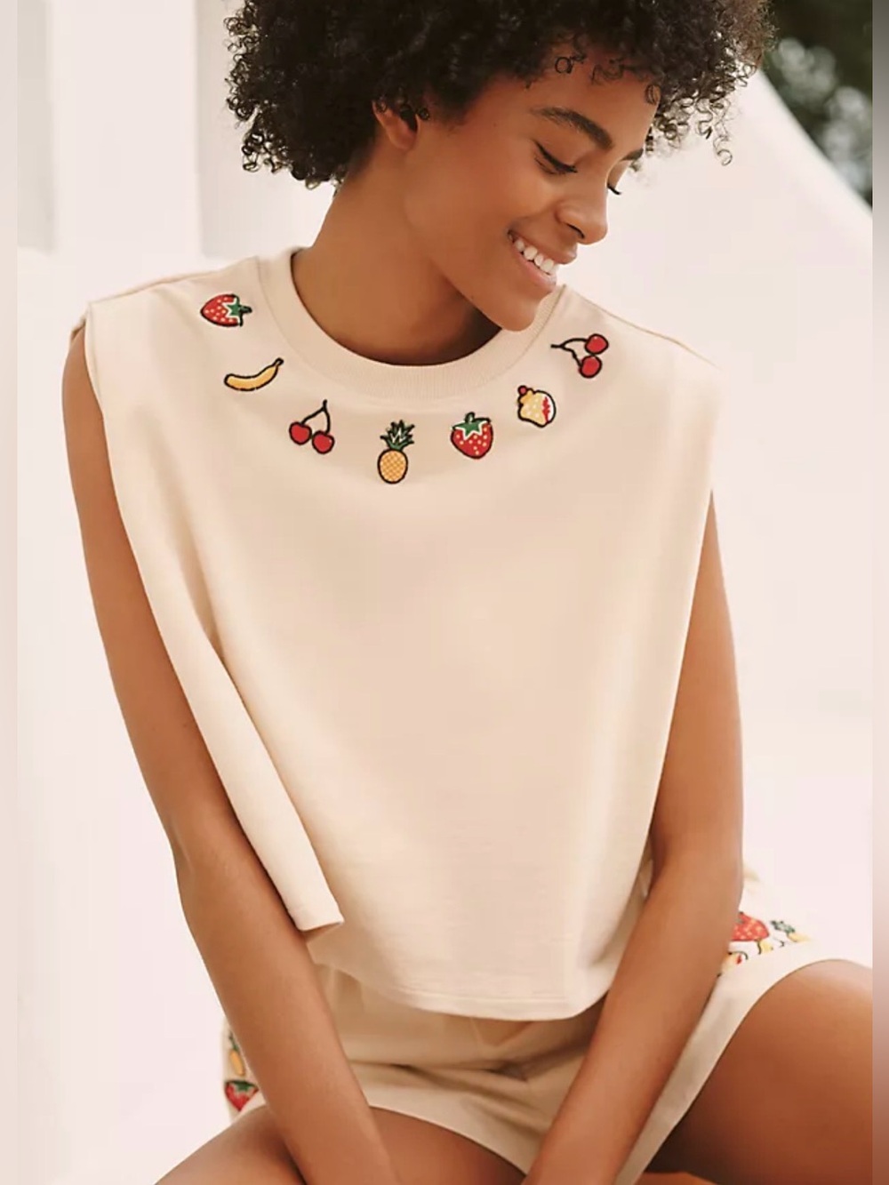 Final Price Anthropologie Cream Fruit-Embroidered Muscle Tee